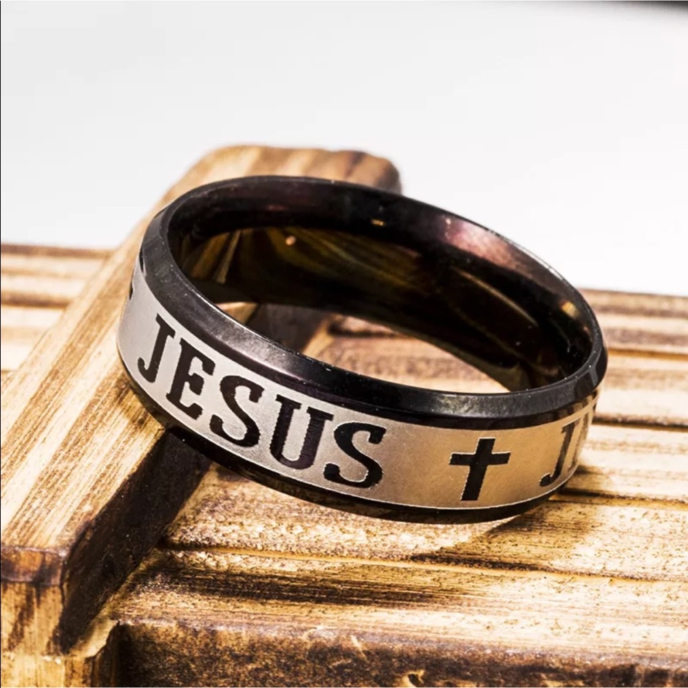 Jesus Black & Silver Ring - Picture 1 of 2